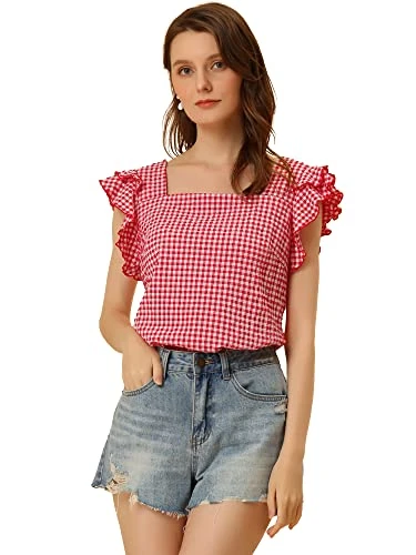 Summer Gingham Tops for Women's Square Neck Ruffle Sleeve Plaid Blouse Red XL