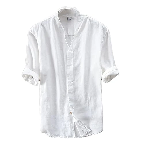 Summer Linen Shirts Men Short Sleeve V-Neck T Shirt White 3XL