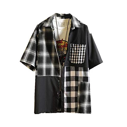 Summer New Men's Loose Fit Short Sleeve Plaid Shirt Men's Casual Cardigan Black