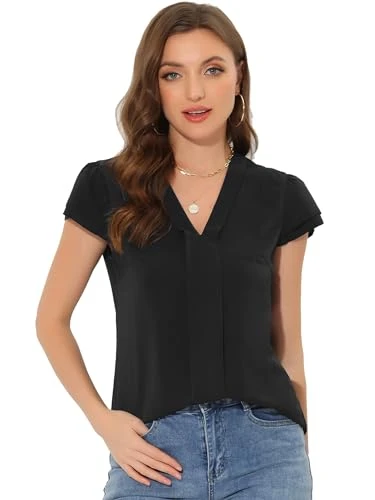 Summer Office Tops for Women's V-Neck Solid Color Casual Chiffon Ruffle Sleeve Blouse Black L