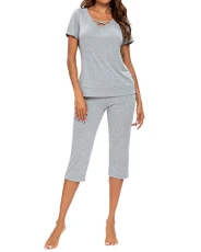 Summer Pyjamas Women V-Neck Short Sleeve Ladies Pajama Sets Loungewear Sleepwear with Pockets for Summer Dark (Grey XXL Summer Pyjamas Women V-Neck Short Sleeve Ladies Pajama Sets Loungewear Sleepwear with Pockets for Summer Dark (Grey XXL