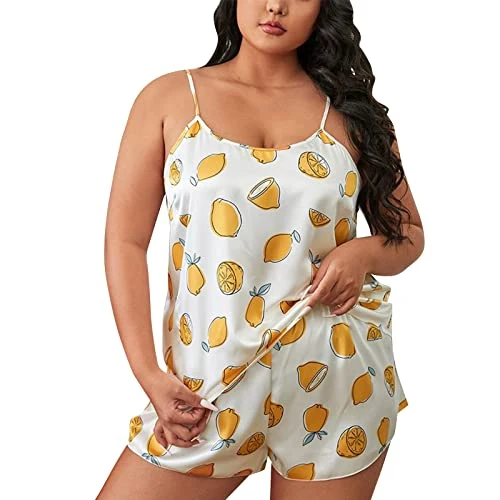 Summer Pyjamas Women's Spaghetti Straps Pyjamas Women's Short Cotton Sleepwear Nightwear Nightwear Women's Sleepwear Set Nightdress Homewear Suit for Spring Summer, yellow, XXXL