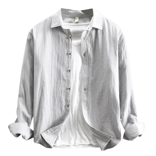 Summer Shirts Mens Long Sleeve Linen Shirt Solid Color Casual Shirt Grey XXL