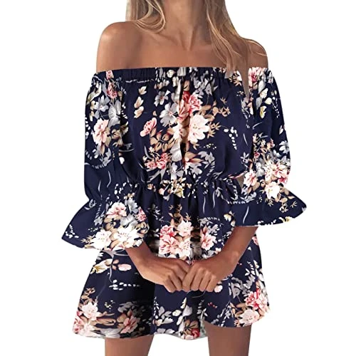 Summer Skirts for Women UK Elastic High WaistA-Line Flowy Pleated Casual Holiday Picnic Skirt 1920s Dress Sun Dresses Size 20 Womens midi Skirts Size 14 (Dark Blue, XL)