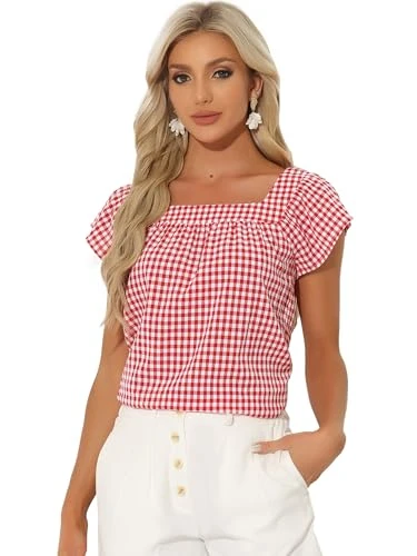 Summer Square Neck Gingham Tops for Women's Sleeveless Blouses Red XL