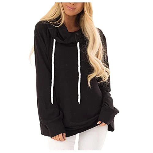 Long Sweatshirts for Women Oversized Drawstring Hoodies Cowl Neck Long Sleeve Pullover Sweatshirts for Women UK Basic (Black, XL)