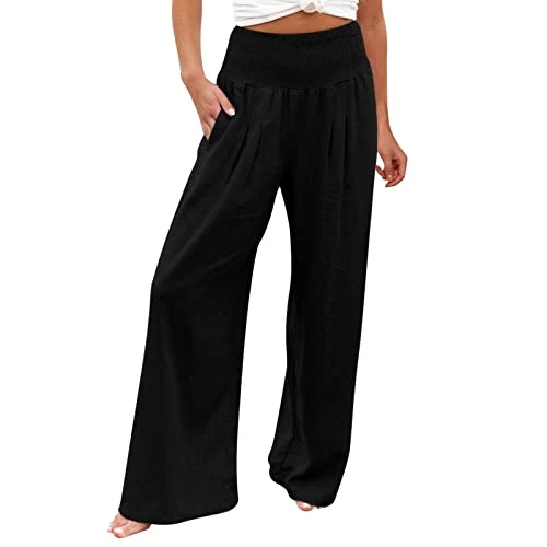 Summer Trousers for Women Casual Cotton Print Pants Straight Pants Vintage Wide Leg Trousers Pants C