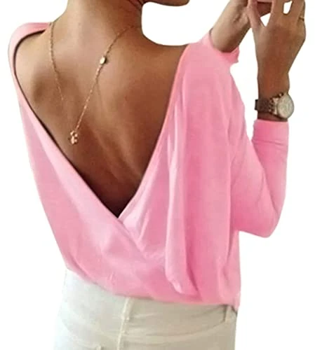 Summer Women Elegant Solid Backless V Cut Out Loose Long Sleeves Blouse Casual T-Shirts Tops Pink UK