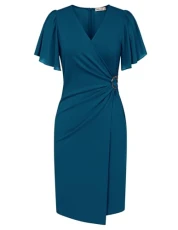 Summer Women V-Neck Chiffon Short Sleeve Dresses Elegant Ruched Slim Fit Banquet Party Mini Bodycon Dress Lake Blue XL