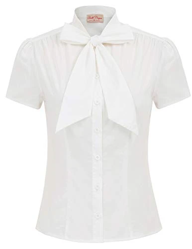 Summer Women Vintage Tops Short Sleeve Button Placket Formal Work Shirts Ivory#819 L