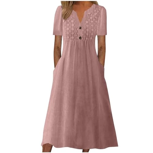 Summer Wrap Dress for Women Maxi Dress Short Sleeve V Neck Dresses Fashion Dress with Pockets Formal Dress with for Women (Pink, XL)