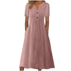 Summer Wrap Dress for Women Maxi Dress Short Sleeve V Neck Dresses Fashion Dress with Pockets Formal Dress with for Women (Pink, XL)