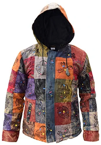 Sun Moon Printed Patchwork Cotton Zip Up Hippy Jacket Stone Washed X-Large