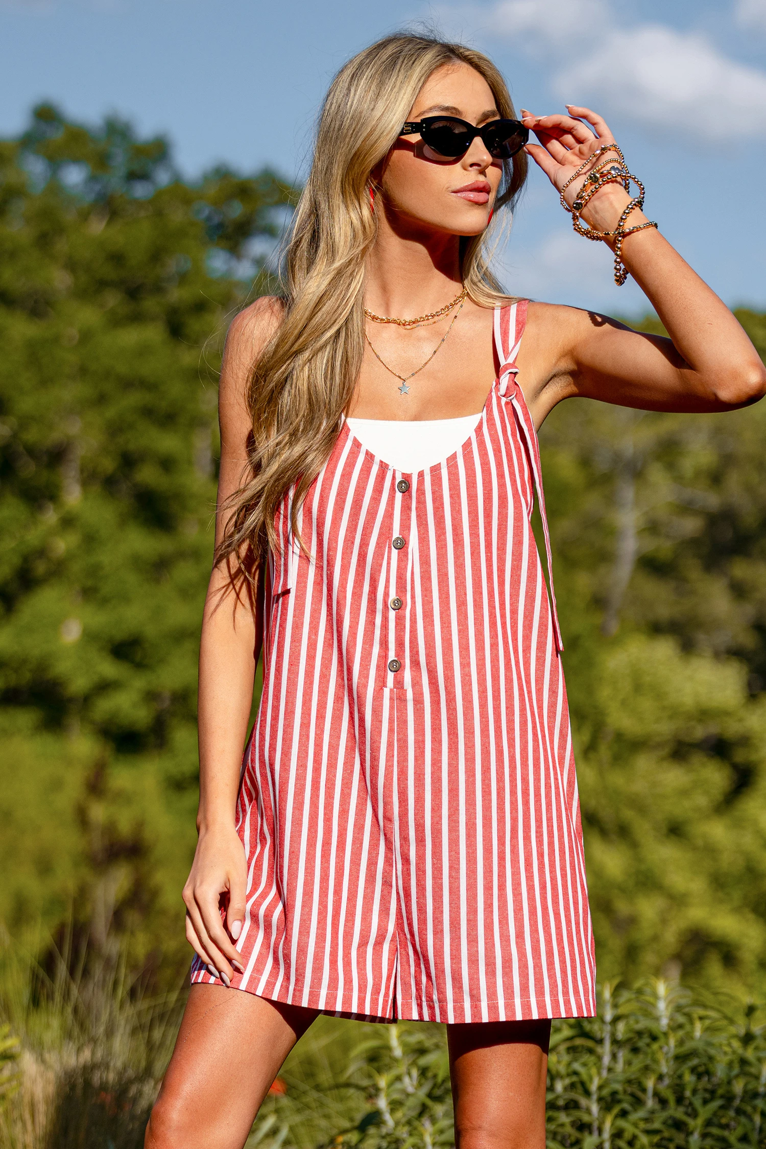 Sunday Classic Striped Romper - Red