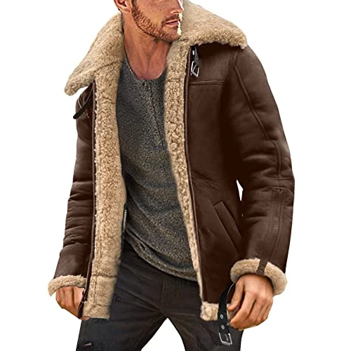 Sweat Jacket Lined Men's Plus Size Winter Coat Lapel Collar Long Sleeve Padded Leather Jacket Vintage Thick Coat Sheepskin Jacket Jackets Transition Men, brown, XL