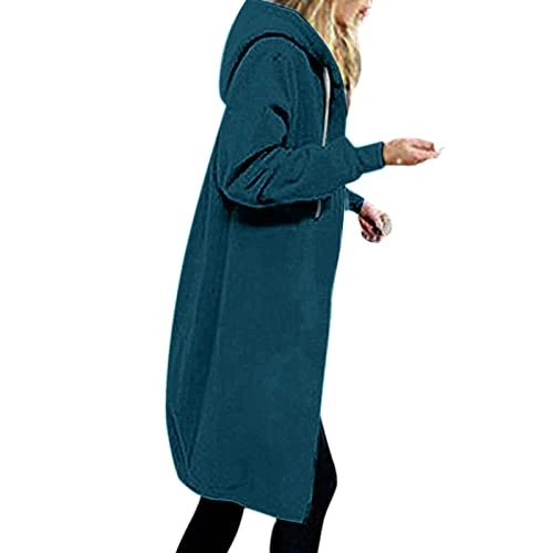 Sweat Jacket Women's Long Hoodie Jacket Casual Loose Sweatshirt with Hood Cardigan Warm Long Sleeve Hooded Jacket Plain Elegant Fleece Jacket Zip Hoodie Coat with Pockets Outwear, 10-blue, XL