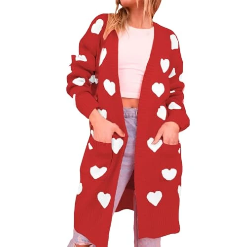 Sweater For Women Cute Love Print Mid Length Jumpers Cardigan Vintage Baggy Long Sleeve Knitted Sweater Fall Outdoor Windproof Thermal Open Front Knitwear with Pockets(Red,M)