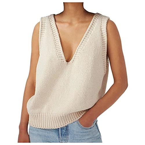 Sweater Vest,Womens V Neck Gilets Knitted Vest Pure Color Thin Jacket Casual Tank Top Vintage Knitte