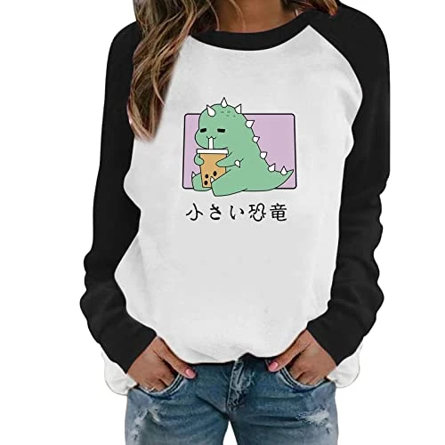 Sweatshirt Jacket Women's Hooded Casual Long Sleeve Pullover with Crew Neck and Cartoon Dinosaur Letter for Women, Hooded Sweatshirts, Matching Blouse Oversize Hoodie, black, XL