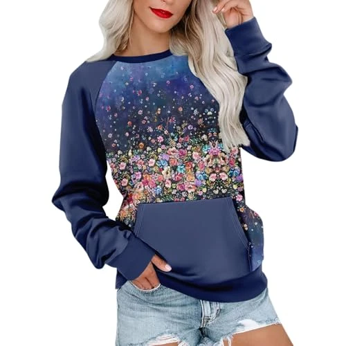 Sweatshirts for Women Casual Crew Neck Long Sleeve Top Floral Print Slim Fit Sportwear Striped Patch