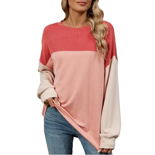 Sweatshirts for Women Ribbed Color Block Long Sleeve Top Classic Crew Neck Jumper Vintage Drop Shoul