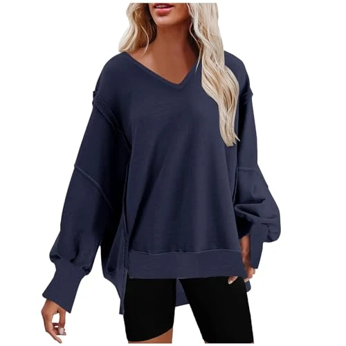 Sweatshirts for Women UK Oversized V Neck Jumpers Solid Color Fleece Sweatshirts Long Sleeve Tops Cr