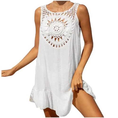 Swim Cover Ups for Women Bikini Swimsuit Ladies Crochet Beach Cover Up Hollow Out Sleeveless Mini Dresses Boho Sun Dress Short Coverup Beachwear Flowy Tank Dresses