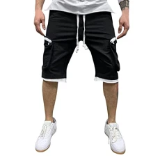Swimming Shorts Men Men's Casual Mid Waist Pant Shorts Cargo Pant Solid Splice Pocket Drawstring Shorts Fashion Solid Color Loose Pant Short Men Summer Linen Short Black, M Swimming Shorts Men Black