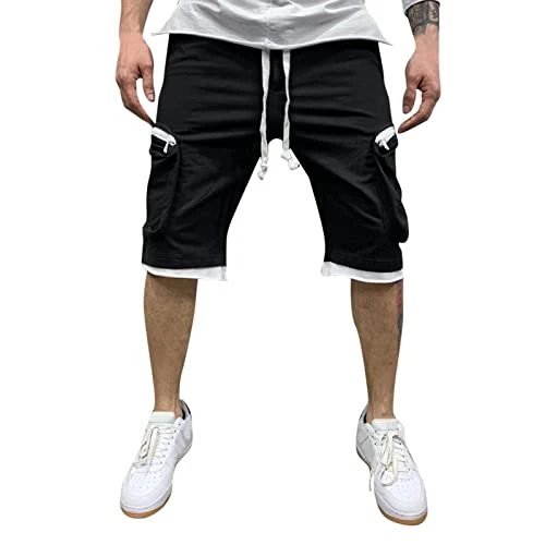 Swimming Shorts Men Men's Casual Mid Waist Pant Shorts Cargo Pant Solid Splice Pocket Drawstring Shorts Fashion Solid Color Loose Pant Short Men Summer Linen Short Black, M Swimming Shorts Men Black