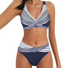 Swimsuit for Women Women's Printed/Solid Two Piece Bikini Women's Sports 2 Piece Swimsuit Cross Front Bikini Top and High Waist Swim Brief Beach Wear Set Swimming Costume Bikini Swimsuit Ladies
