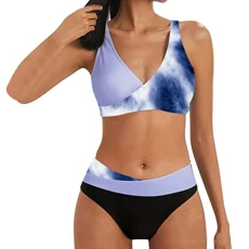 Swimsuit for Women Women's Printed/Solid Two Piece Bikini Women's Sports 2 Piece Swimsuit Cross Front Bikini Top and High Waist Swim Brief Beach Wear Set Swimming Costume Bikini Swimsuit Ladies Slae