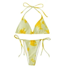 Swimsuit Set Women's Bikini Sexy Tie Dye Halterneck Lace Up Push Up Swimsuits Swimwear Two Piece Swimsuit Bikini Top Bikini Bottoms Swimsuit Beach Bikini Swimwear - Yellow - S