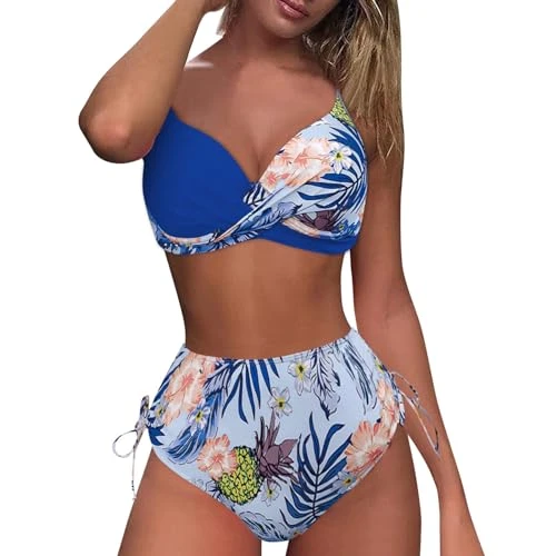 Swimsuits for Women Split Bikini for Women Large Size Small Fresh Printed Split Swimsuit with Fixed Pack Swimsuit Women's Sexy Bikini Women's Set Bikini Women's Tummy Control, blue, 4X-Large