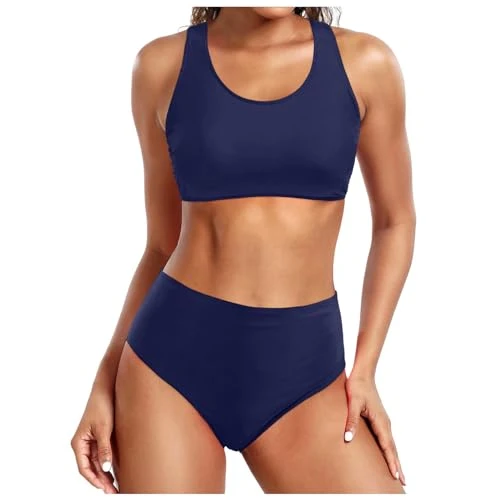 Swimsuits for Women Women High Waist Bikini Sexy Push Up Two Piece Swimsuit Vintage Swimsuit Two Piece Retro Ruched Print Bikini Set High Waist Bikini Women Set, darkblue, XXL