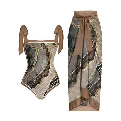 Swimwear for Women Vintage Abstract Floral Print 1 Piece + 1 Piece Cover Up Two Piece Swimsuit with Vintage Print Monokini Bikini 2-Piece Swimsuits Swimsuits for Women, khaki, M