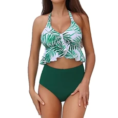 Swimwear Women Ruffled Flounce Top High Waist Bikini Tankini Set Bathing Suit C Green 02 XXL