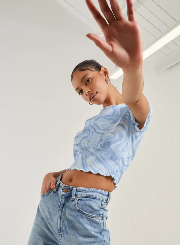 Swirl Print Capped Sleeve Mesh Top - S - Light Blue