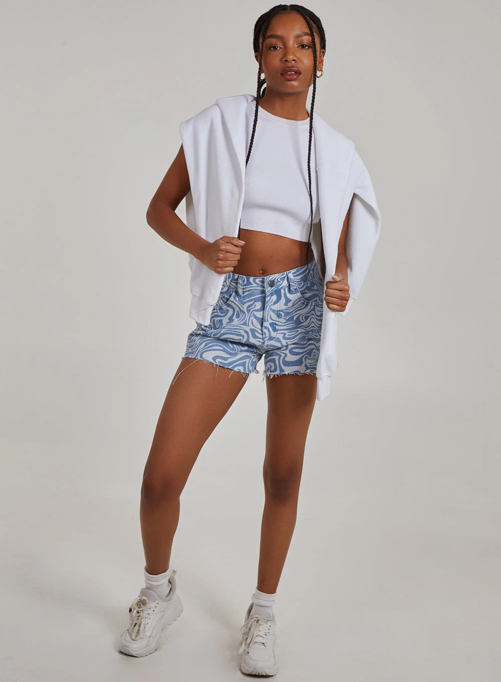 Swirl Print Denim Shorts  - 8  - Denim