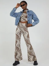 Swirl Print Slinky Flared Trousers  - S  - Stone