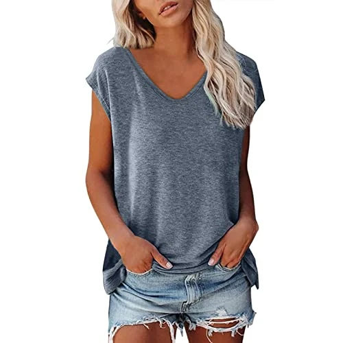 T Shirt 3/4 Sleeve Women's Cap Sleeve Summer Casual Tops V-Neck Plain Casual Shirts Loose Fit Blouse