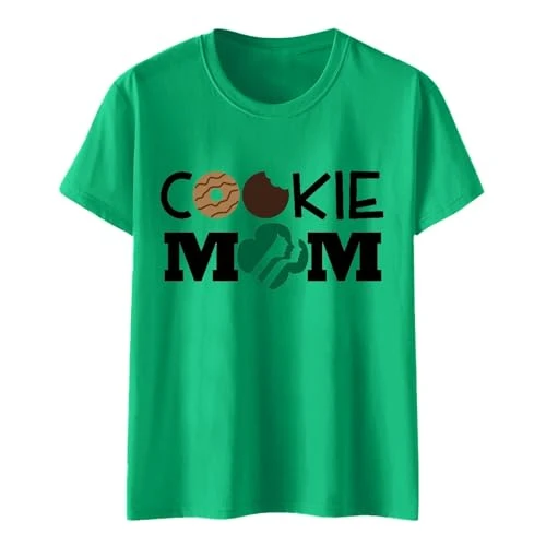 T-Shirt Black Women's Casual Summer Fun Cookie Letter Pattern Printed Round Neck Short Sleeve T Shirt Top Fashion Work Trousers For Women Care Blouse Ladies Cotton, Green, S