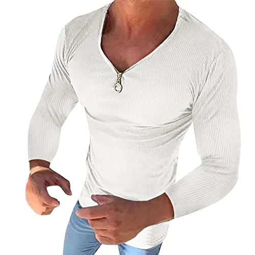 T-shirt Man Dress T-shirts V-Neck Spring and Summer for Men with Slim Fit T-Shirts Elastic Casual Long Sleeve Solid Color T-Shirt Man Slim Fit, white, M