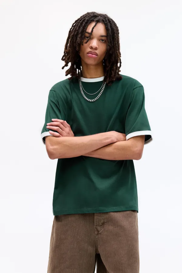 T-Shirt With Contrast Ribbed Trims - Green