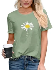 T Shirts for Women Graphic Short Sleeve Crew Neck Casual Summer Tee Tops Daisy, Green, M