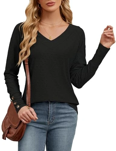 T Shirts for Women UK, Flowy V Neck Women's Blouses Dressy Casual Going Out Long Sleeve T Shirts with Chic Hollow Out Business Work Tunic Tops Black Medium