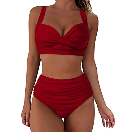 T Shirts Men's Women's High Waist Bikini Sexy Push Up Two Piece Swimsuits Vintage Swimsuit Two Piece Retro Bikini Set High Waist High Waisted Women's Swimming Dress, Wine Red, M