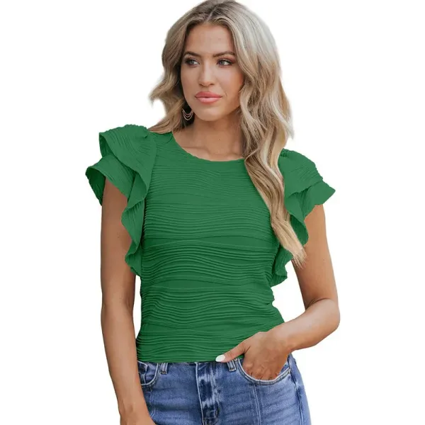 T-shirts Slim Short-sleeved Ruffled Textured Tee - green /
