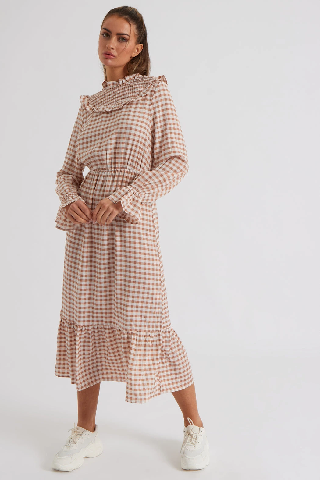 Tabitha Check Sheered Neck Dress Camel /