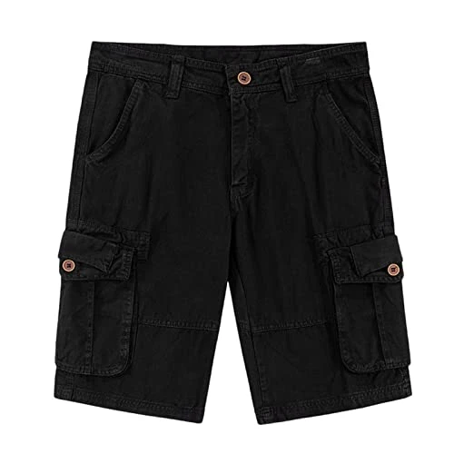 Tactical Knee Length Cargo Shorts for Men Classic Soft Cotton Cool Dri Moisture-Wicking Straight Fit with Pockets Elastic Waist Lightweight Walking Exercise Multiple Packs Black Trousers