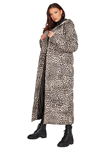 Tall Beige Brown Leopard Print Longline Puffer Coat - Women's